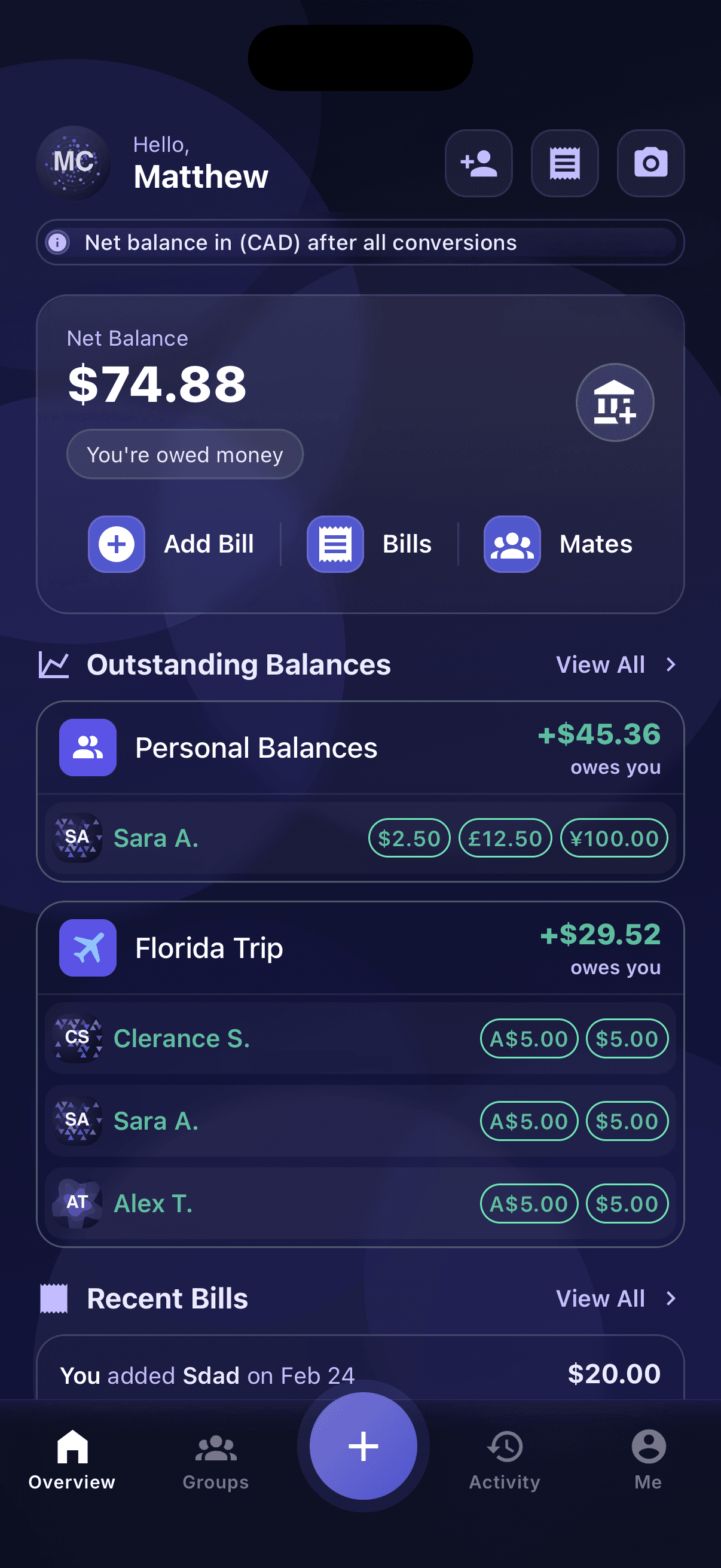 PayMates overview screen